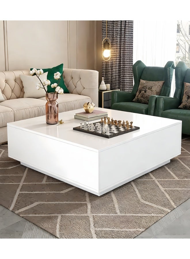 طاولة قهوة مع أدراج تخزين، طاولات مركزية خشبية مربعة مقاس 90 × 90 سم مع قاعدة سميكة، طاولة كونسول حديثة لغرفة المعيشة والمكتب المنزلي (CJ028-WHITE) - Image 1